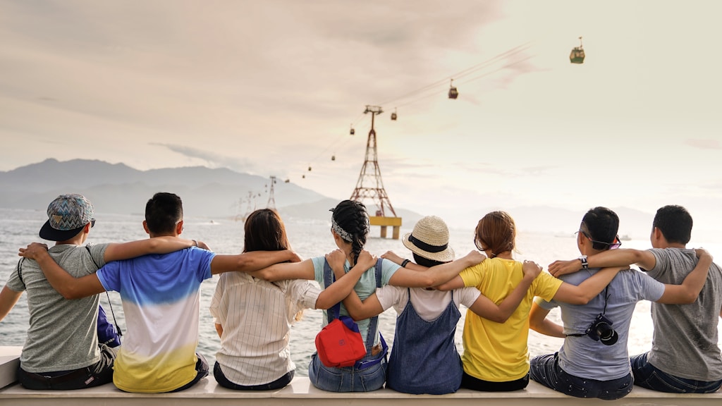 Group photograph before background replacement
